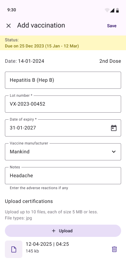 View & add due vaccination