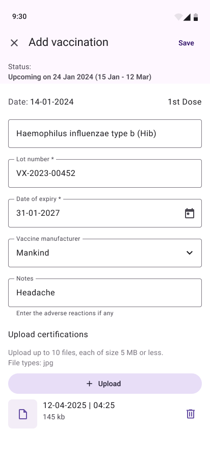 View & add upcoming vaccination